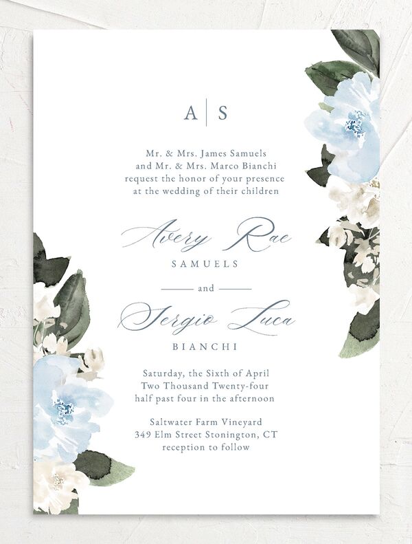 Charming Florals Wedding Invitations front in French Blue