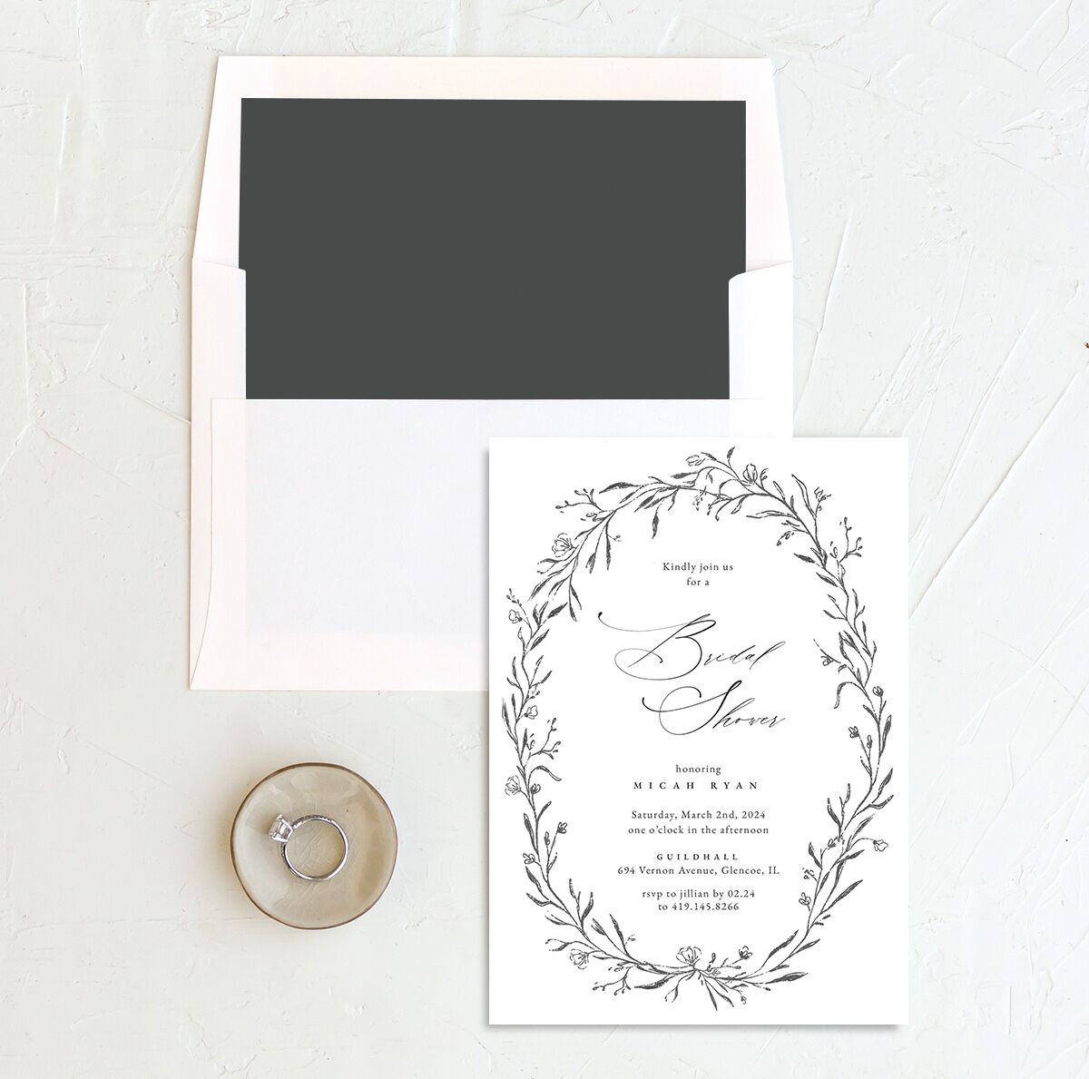 Rustic Garland Bridal Shower Invitations envelope-and-liner in Silver