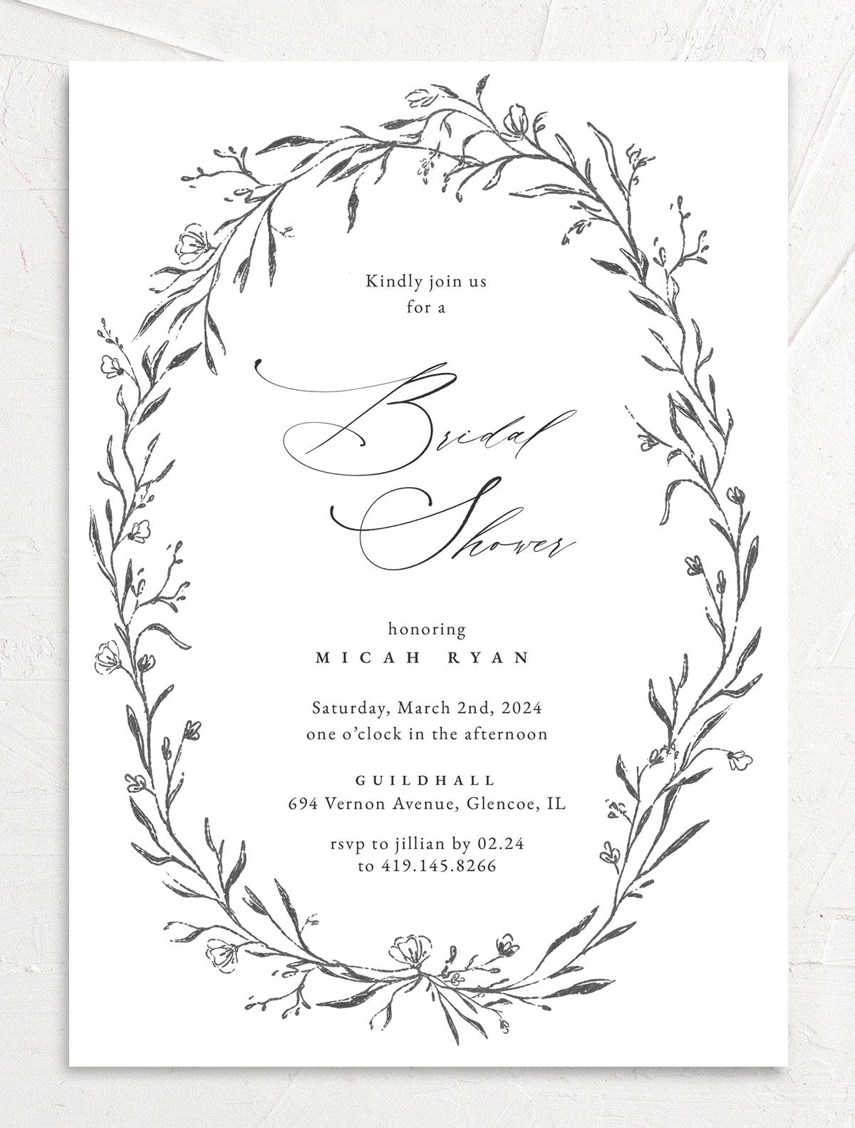 Rustic Garland Bridal Shower Invitations front in Silver