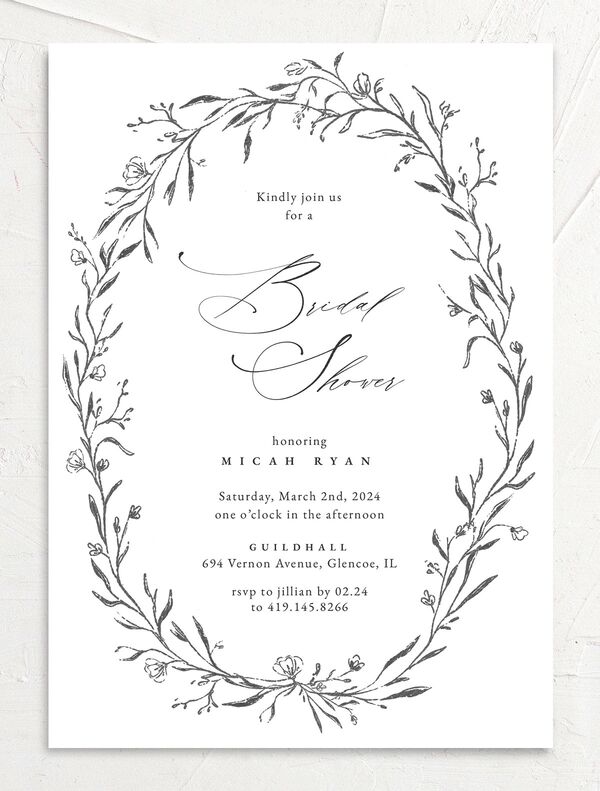Rustic Garland Bridal Shower Invitations front in Grey