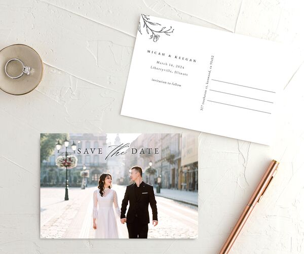Rustic Garland Save the Date Postcards front-and-back in Silver