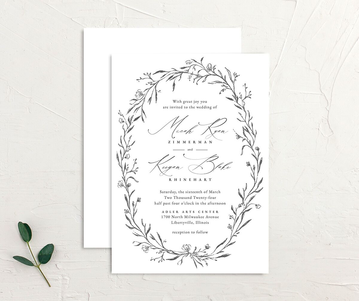 Rustic Garland Wedding Invitations front-and-back in Silver