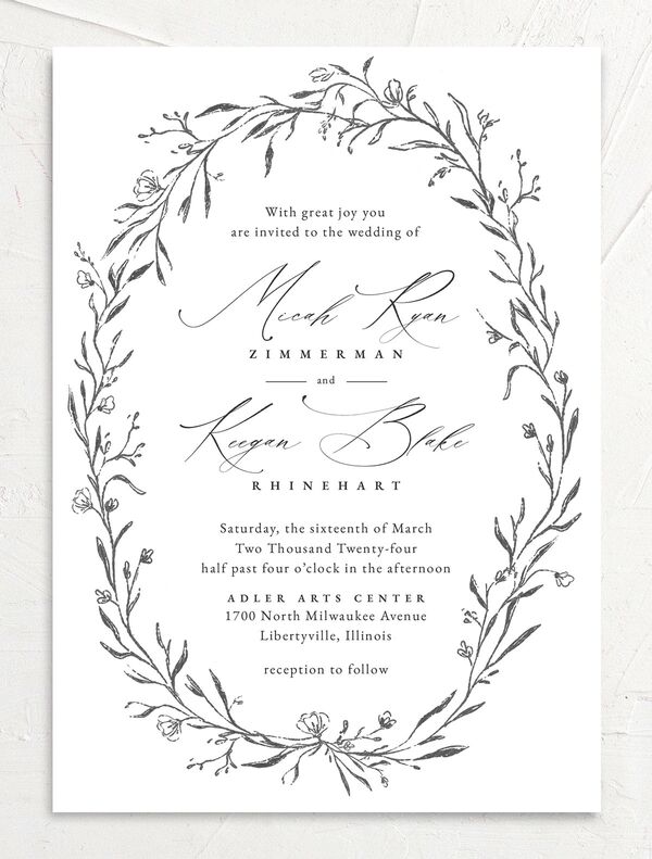 Rustic Garland Wedding Invitations front in Silver