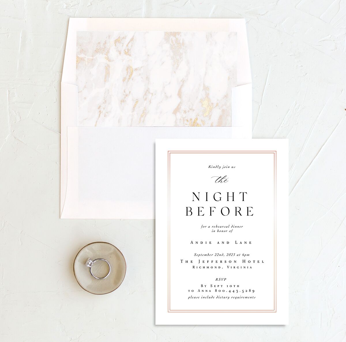 Classic Marble Rehearsal Dinner Invitations envelope-and-liner in Pure White
