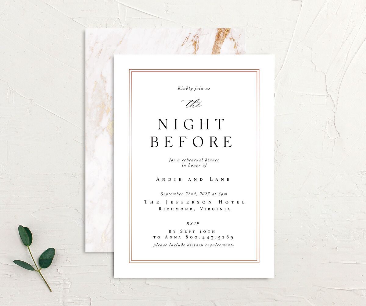 Classic Marble Rehearsal Dinner Invitations front-and-back in Pure White