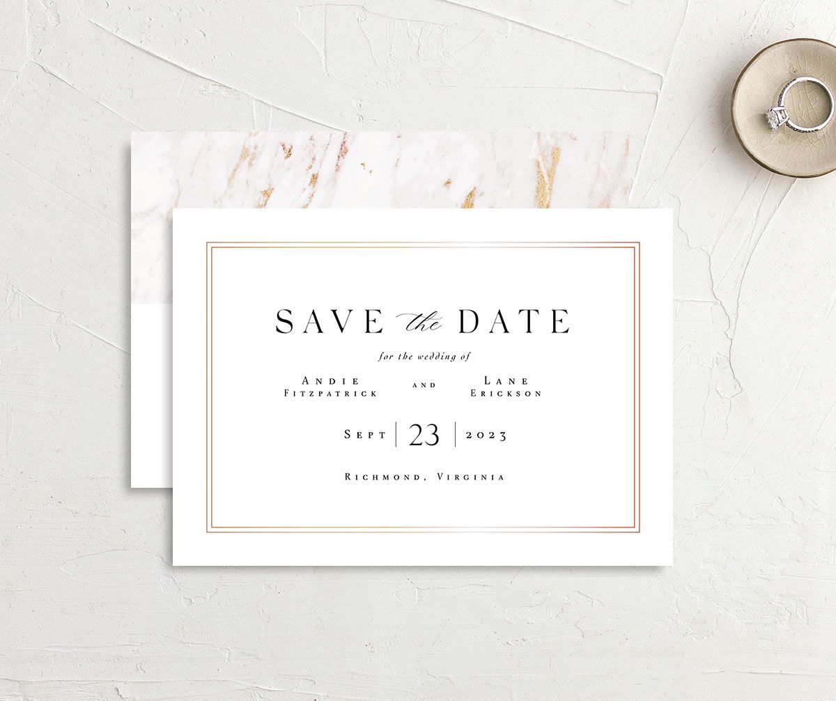 Classic Marble Save the Date Cards front-and-back in Pure White