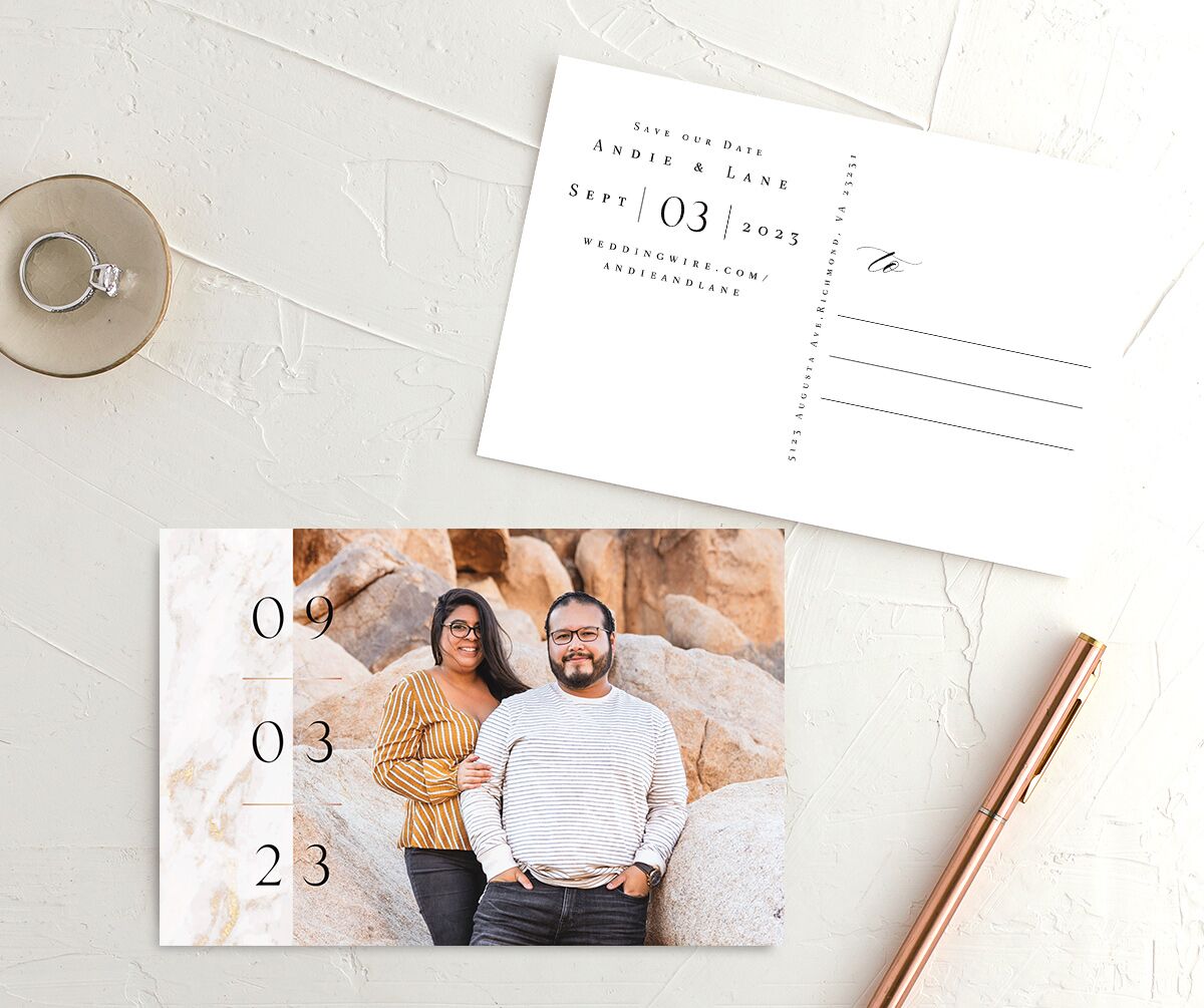 Classic Marble Save the Date Postcards front-and-back in Pure White