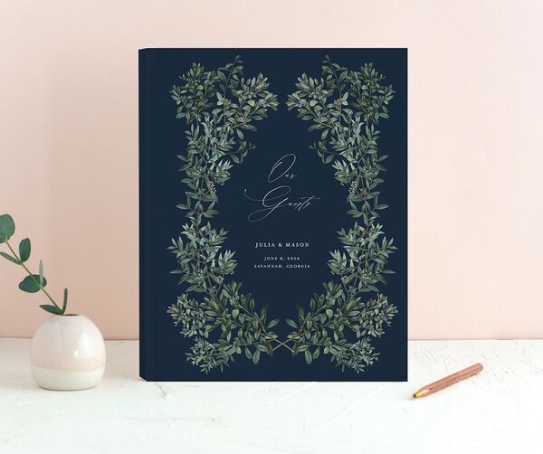 Ornate Leaves Wedding Guest Book front in French Blue