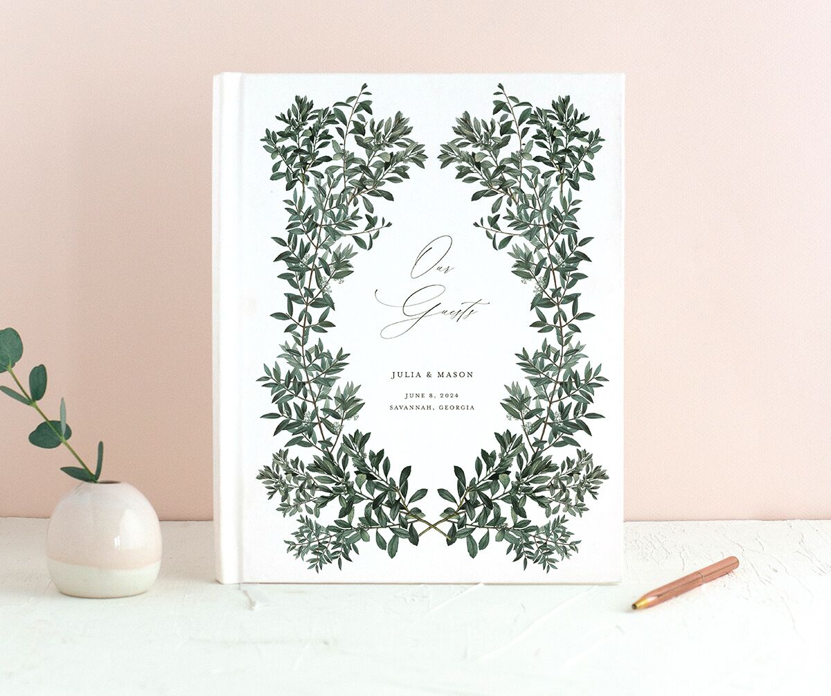 Ornate Leaves Wedding Guest Book front in Pure White