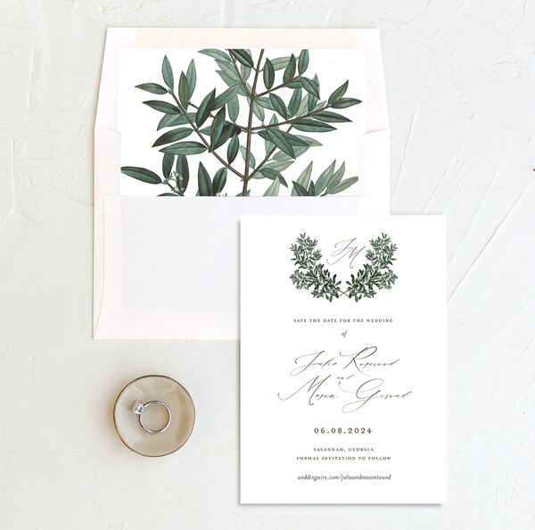 Ornate Leaves Save the Date Cards envelope-and-liner in Pure White