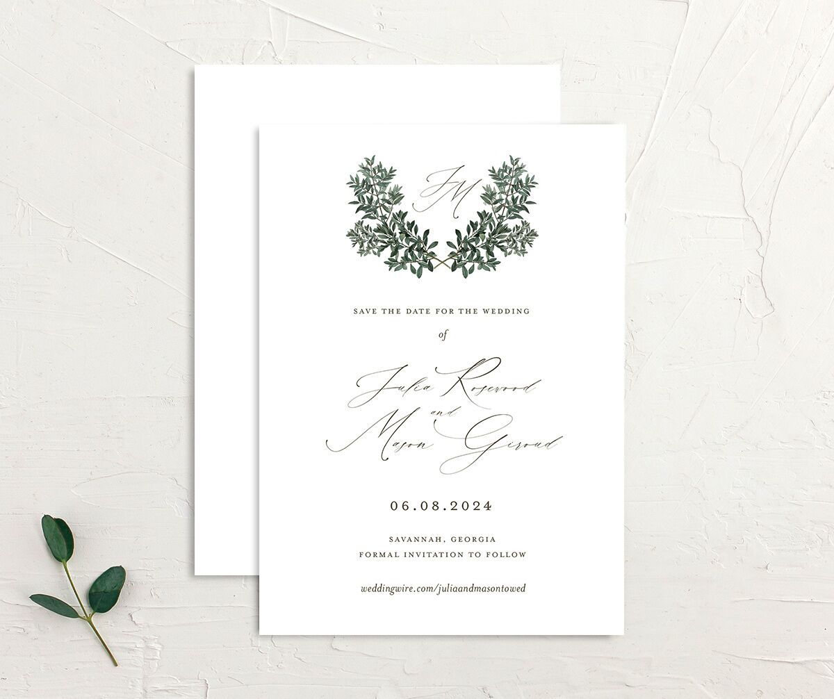 Ornate Leaves Save the Date Cards front-and-back in Pure White