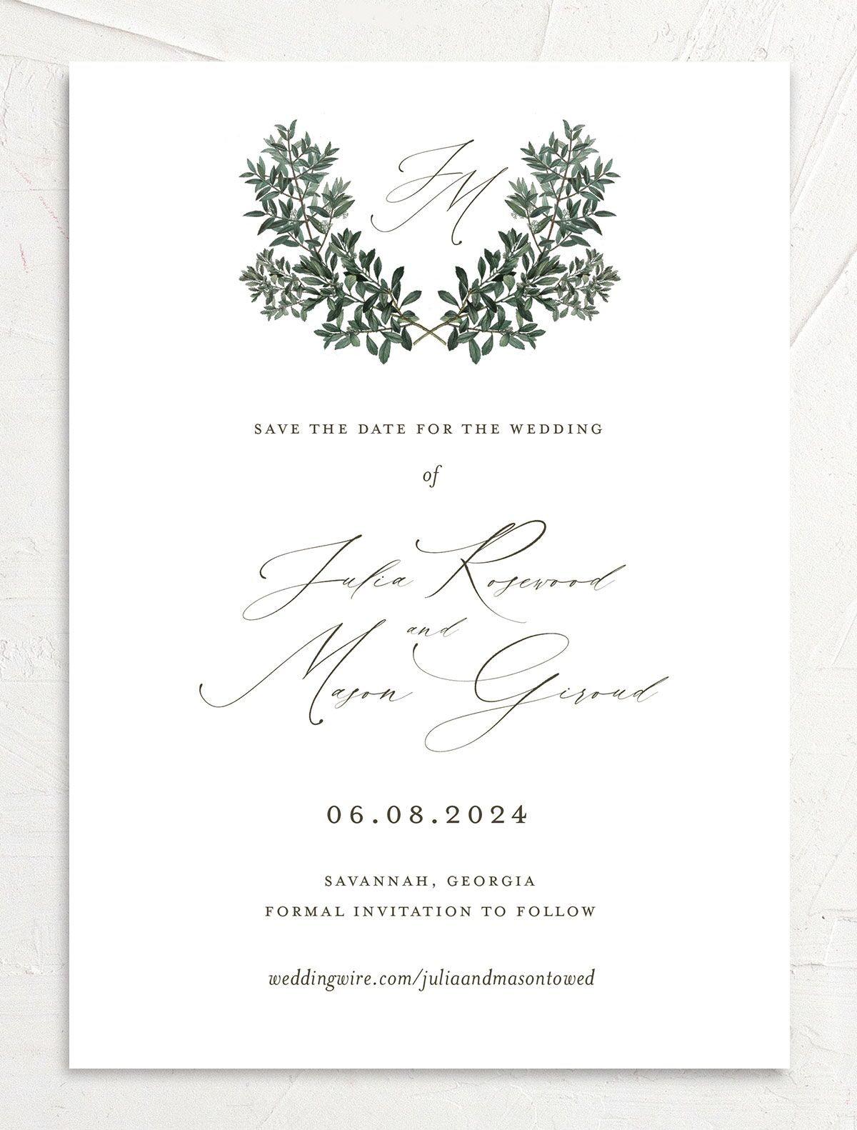Ornate Leaves Save the Date Cards front in Pure White