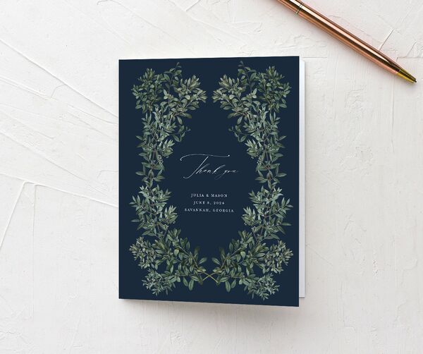 Ornate Leaves Thank You Cards front in French Blue