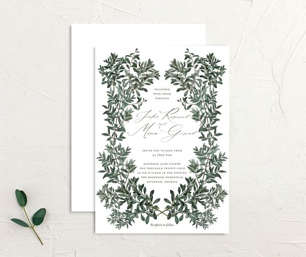 Ornate Leaves Wedding Invitations front-and-back in Pure White