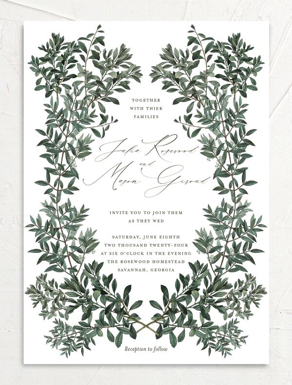 Ornate Leaves Wedding Invitations front in Pure White