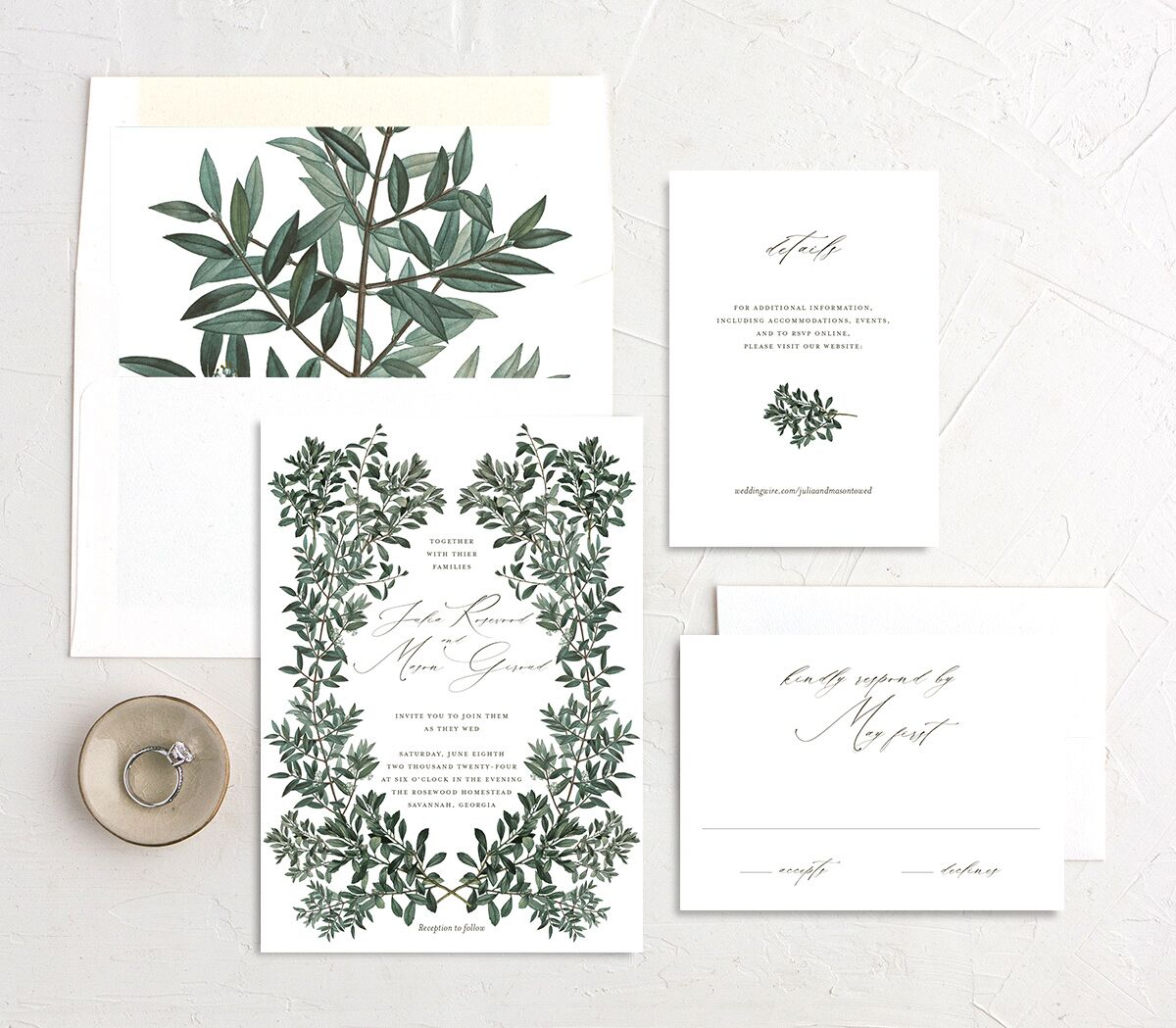 Ornate Leaves Wedding Invitations suite in Pure White