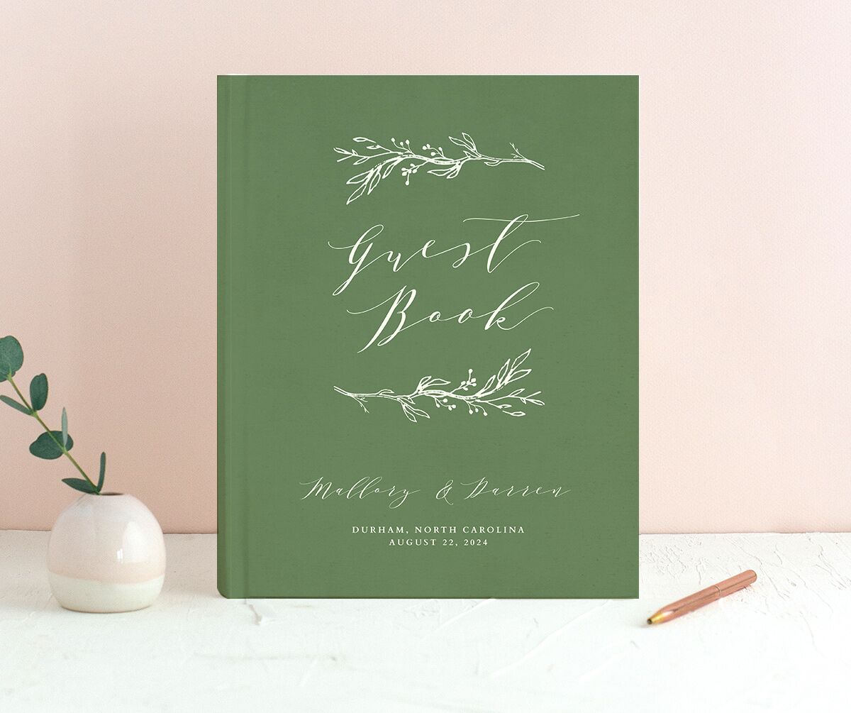 Elegant Sprigs Wedding Guest Book front in Scottish Green