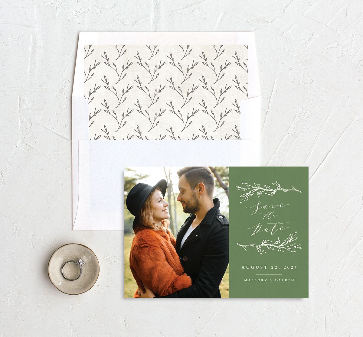Elegant Sprigs Save the Date Cards envelope-and-liner in Scottish Green