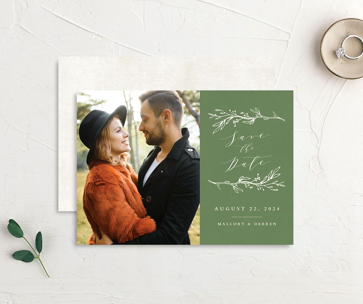 Elegant Sprigs Save the Date Cards front-and-back in Scottish Green