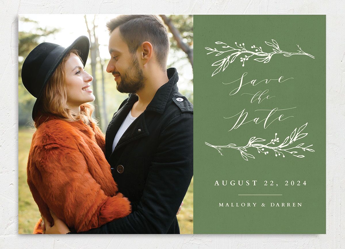 Elegant Sprigs Save the Date Cards front in Scottish Green
