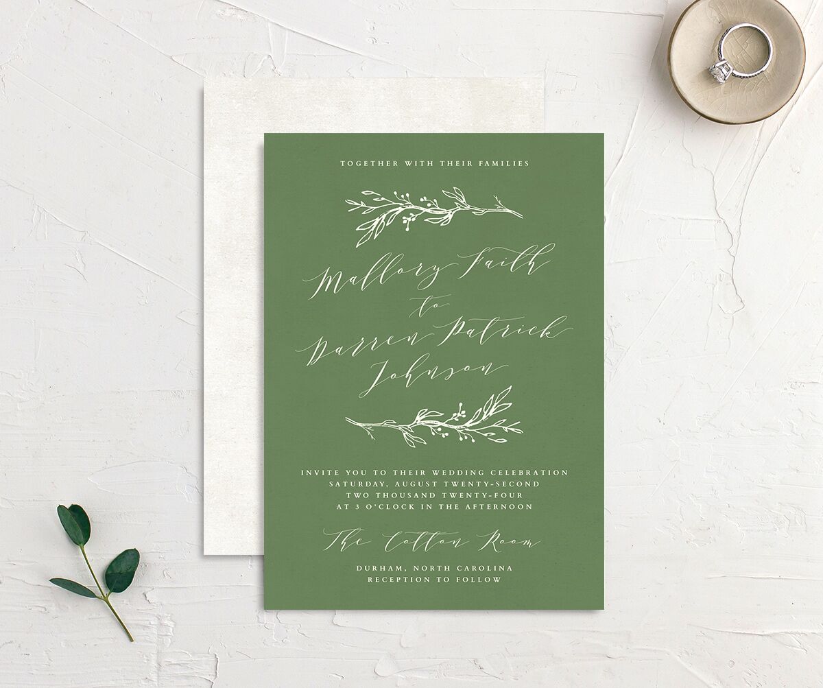Elegant Sprigs Wedding Invitations front-and-back in Scottish Green
