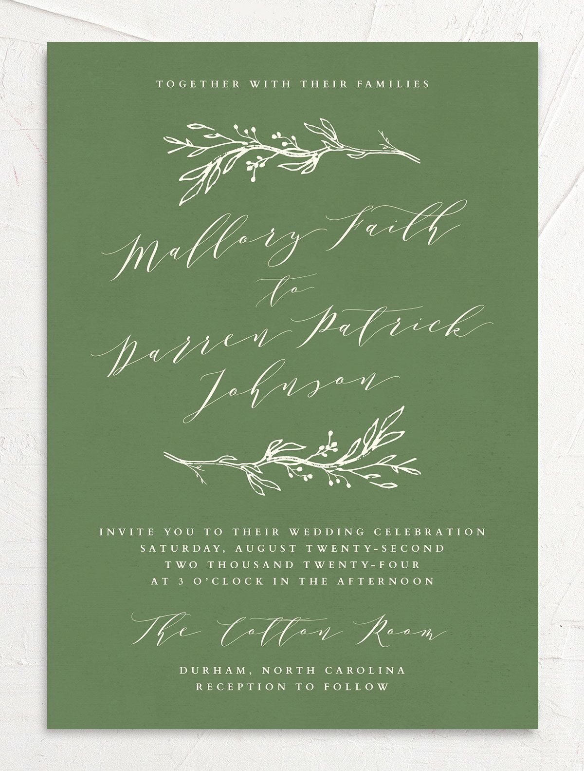 Elegant Sprigs Wedding Invitations front in Scottish Green