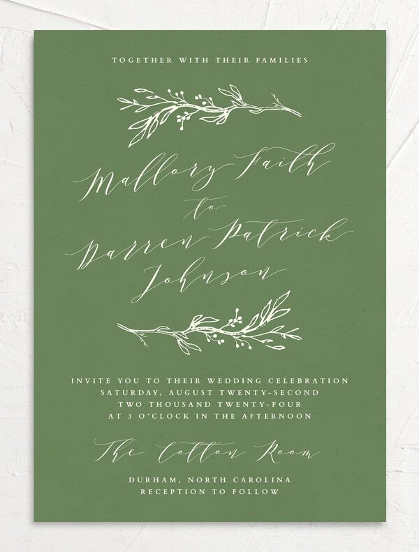 Elegant Sprigs Wedding Invitations front in Scottish Green