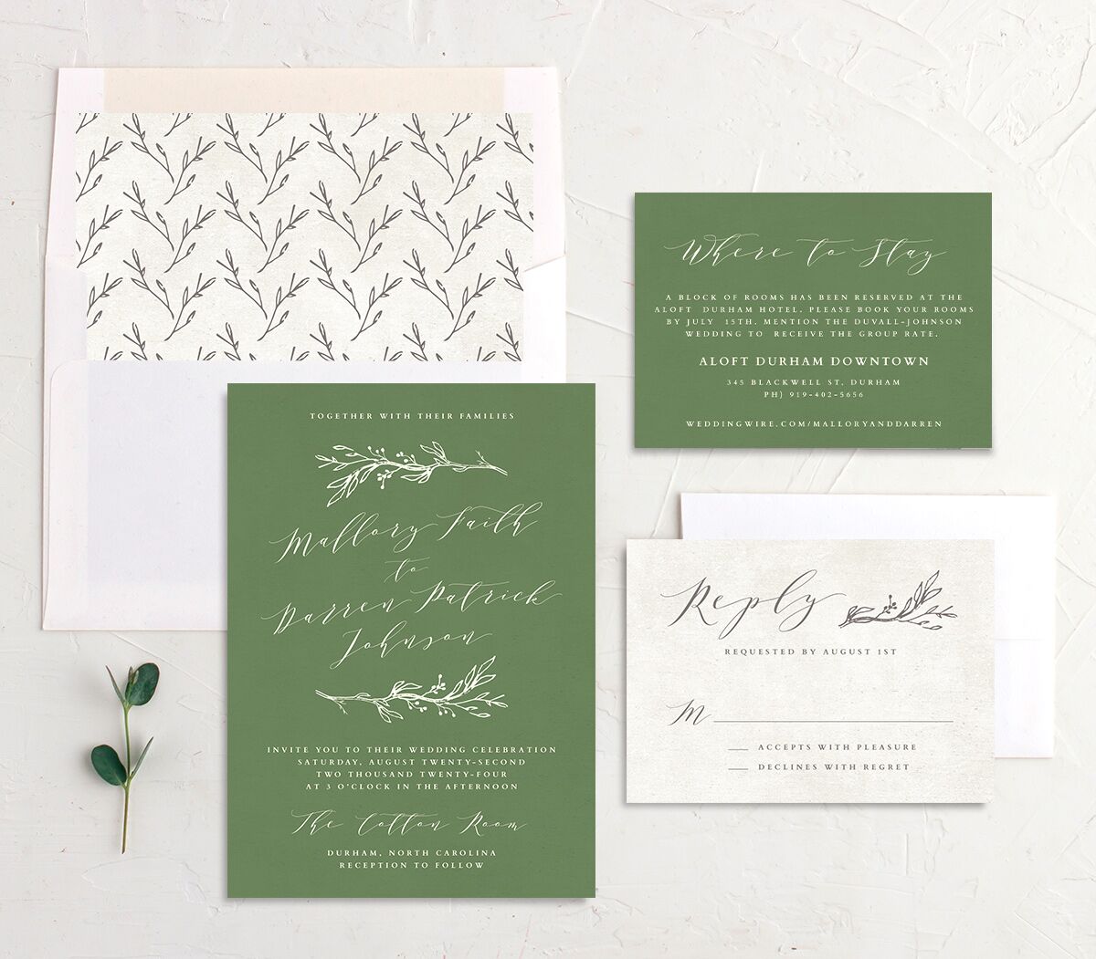 Elegant Sprigs Wedding Invitations suite in Scottish Green