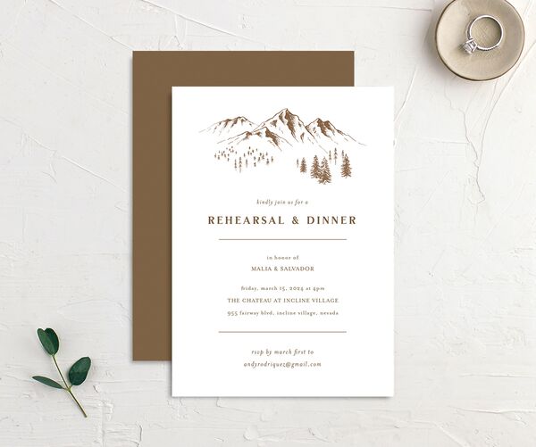 Storybook Mountaintop Rehearsal Dinner Invitations front-and-back in Walnut