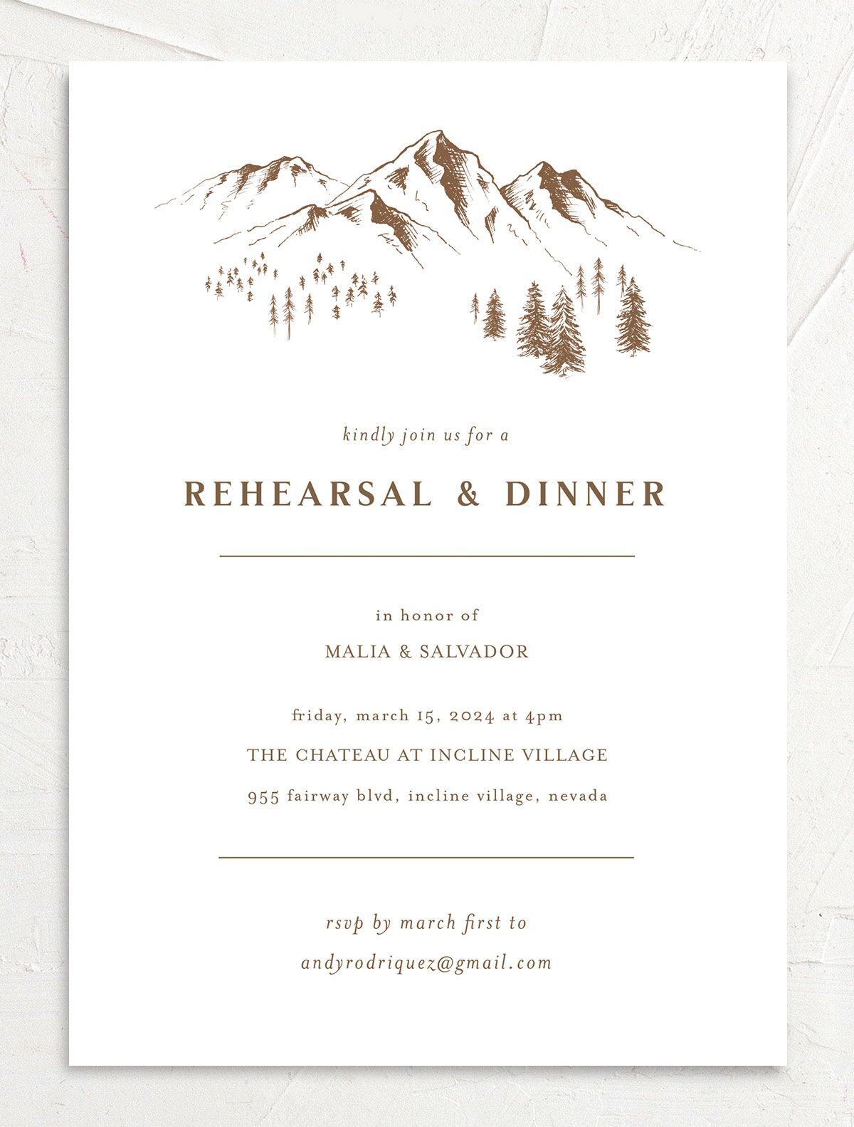Storybook Mountaintop Rehearsal Dinner Invitations front in Walnut