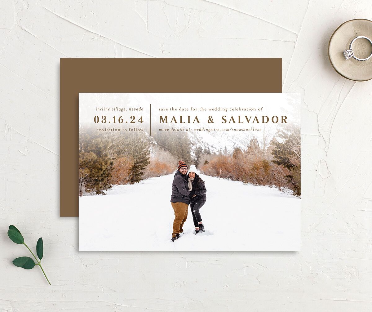 Storybook Mountaintop Save the Date Cards front-and-back in Walnut