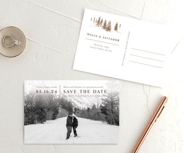 Storybook Mountaintop Save the Date Postcards front-and-back in Walnut