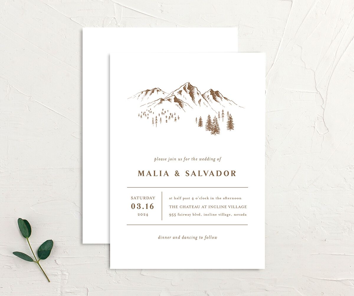 Storybook Mountaintop Wedding Invitations front-and-back in Walnut
