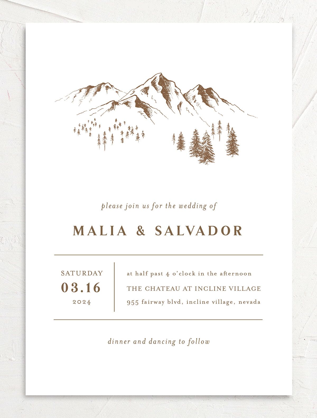 Storybook Mountaintop Wedding Invitations front in Walnut