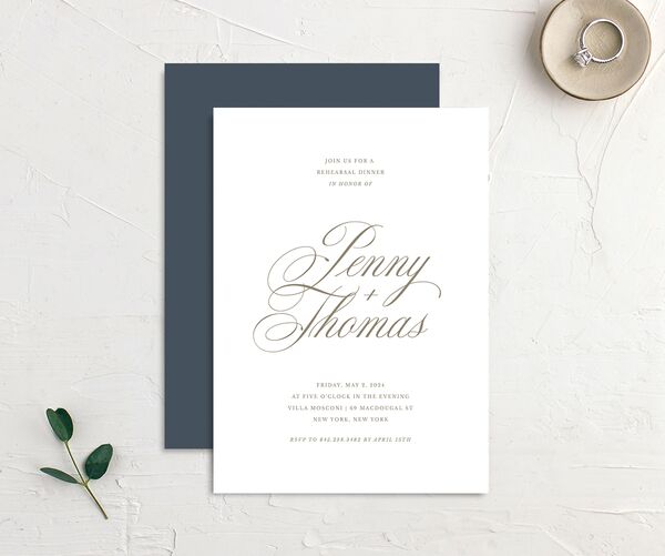 Flowing Script Rehearsal Dinner Invitations front-and-back in French Blue