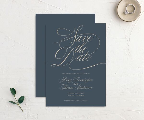 Flowing Script Save the Date Cards front-and-back in Blue