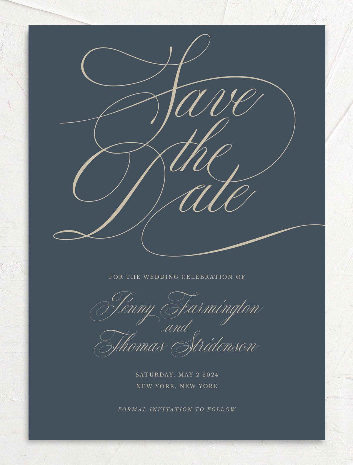 Flowing Script Save the Date Cards front in French Blue