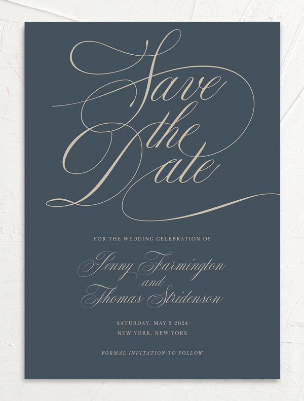 Flowing Script Save the Date Cards front in Blue