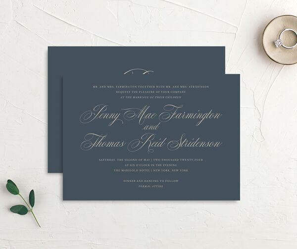 Flowing Script Wedding Invitations front-and-back in French Blue