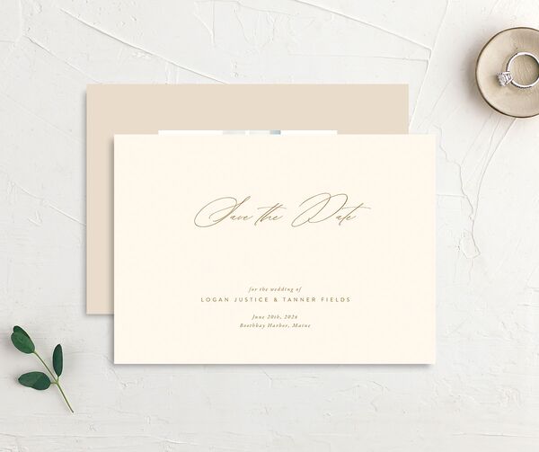 Charming Elegance Save the Date Cards front-and-back in Champagne