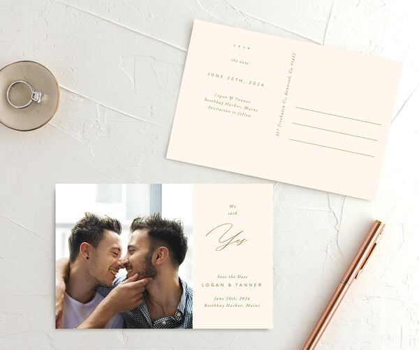 Charming Elegance Save the Date Postcards front-and-back in Champagne