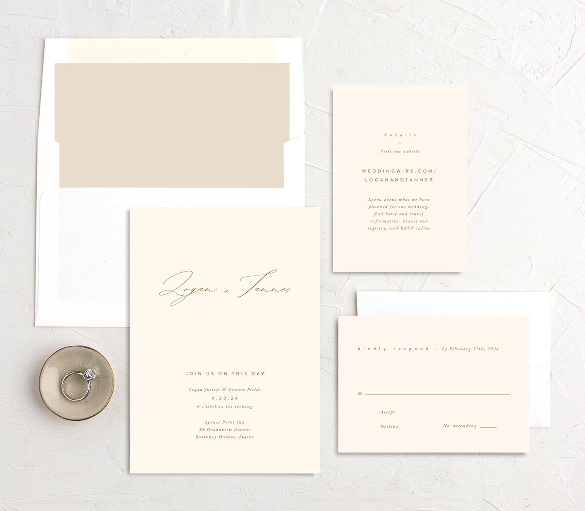 Charming Elegance Wedding Invitations suite in Champagne