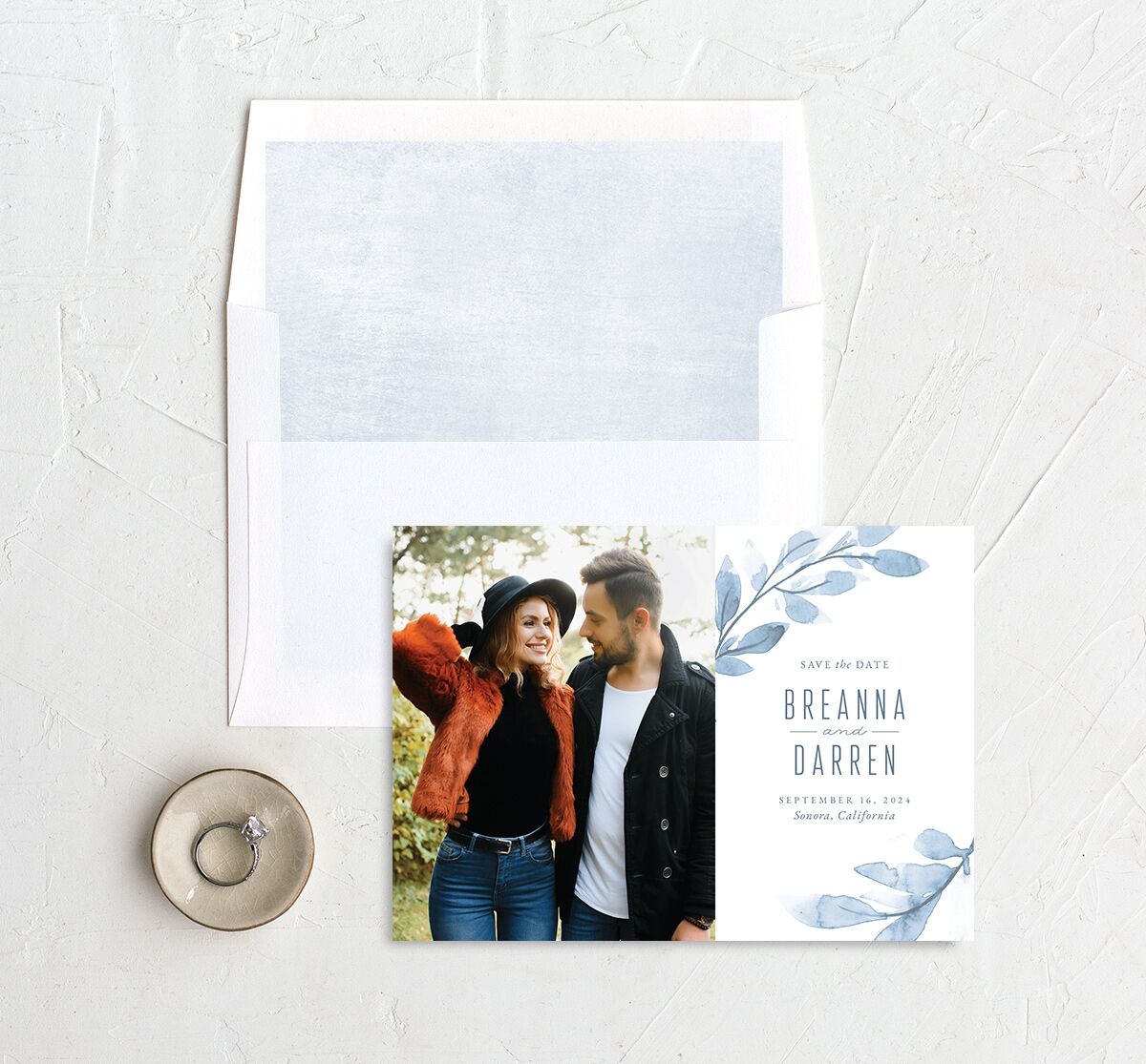 Ethereal Branches Save the Date Cards envelope-and-liner in Dusty Blue