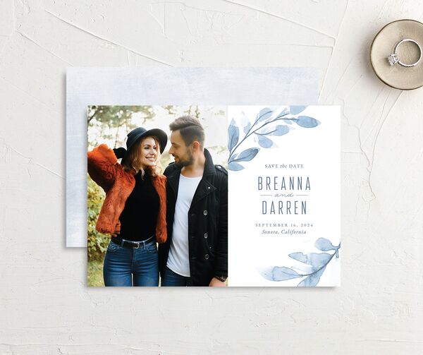 Ethereal Branches Save the Date Cards front-and-back in Dusty Blue