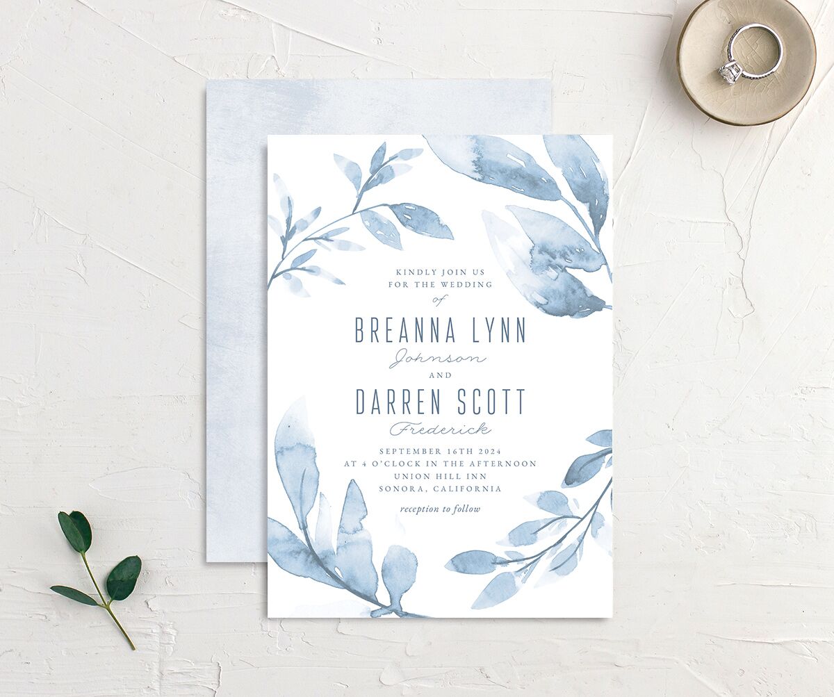 Ethereal Branches Wedding Invitations front-and-back in Dusty Blue