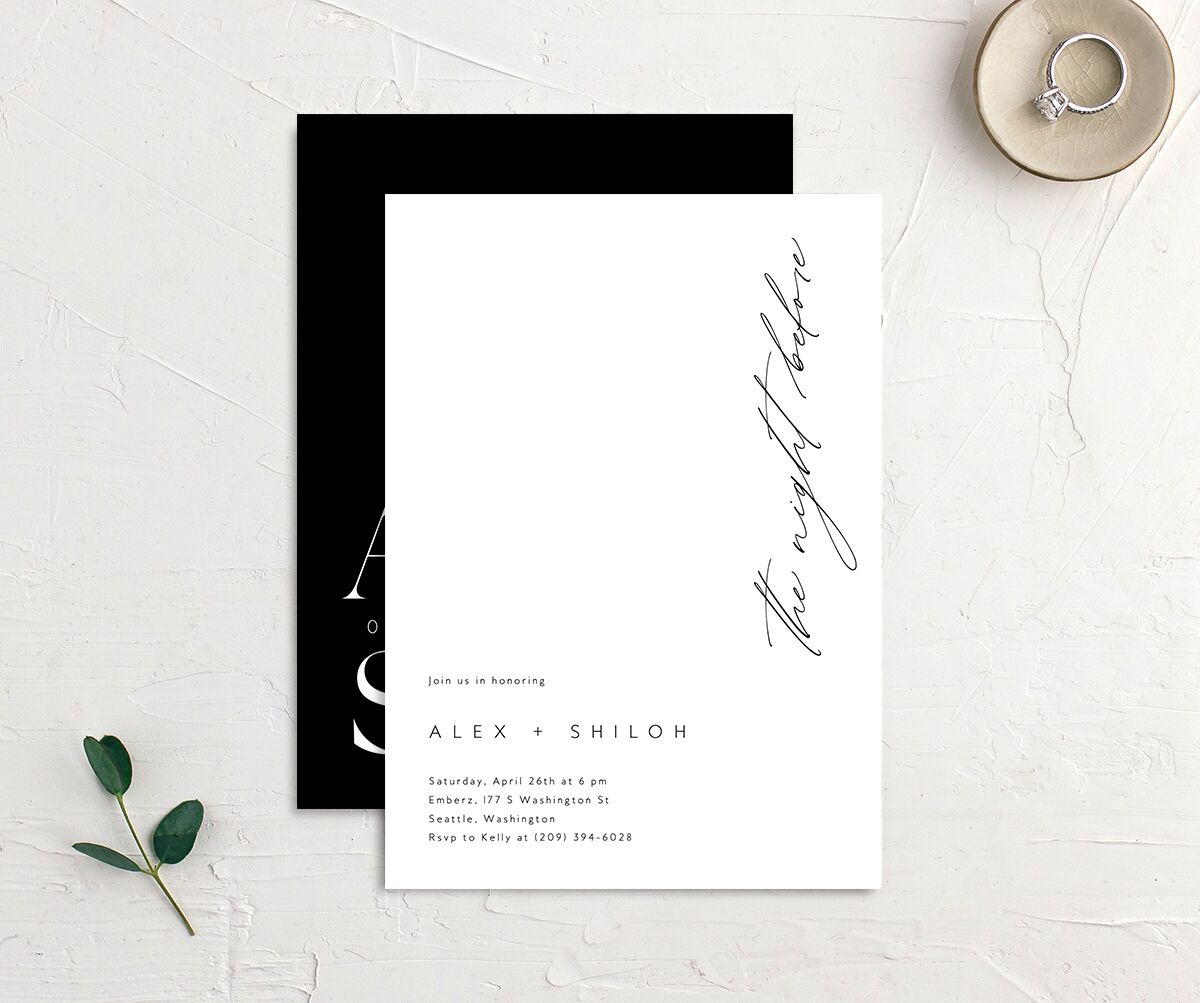Chic Minimalism Rehearsal Dinner Invitations front-and-back in Midnight