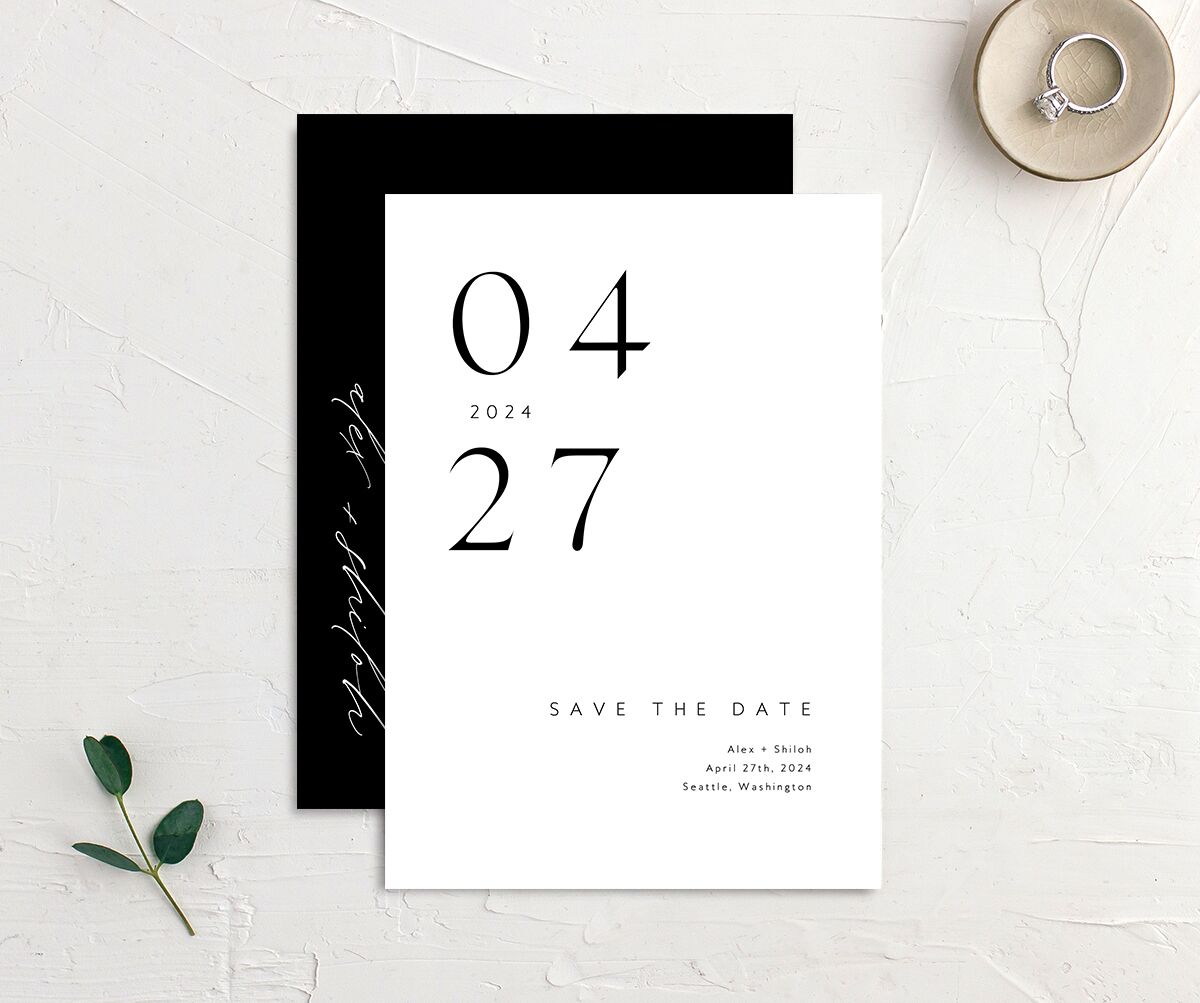 Chic Minimalism Save the Date Cards front-and-back in Midnight