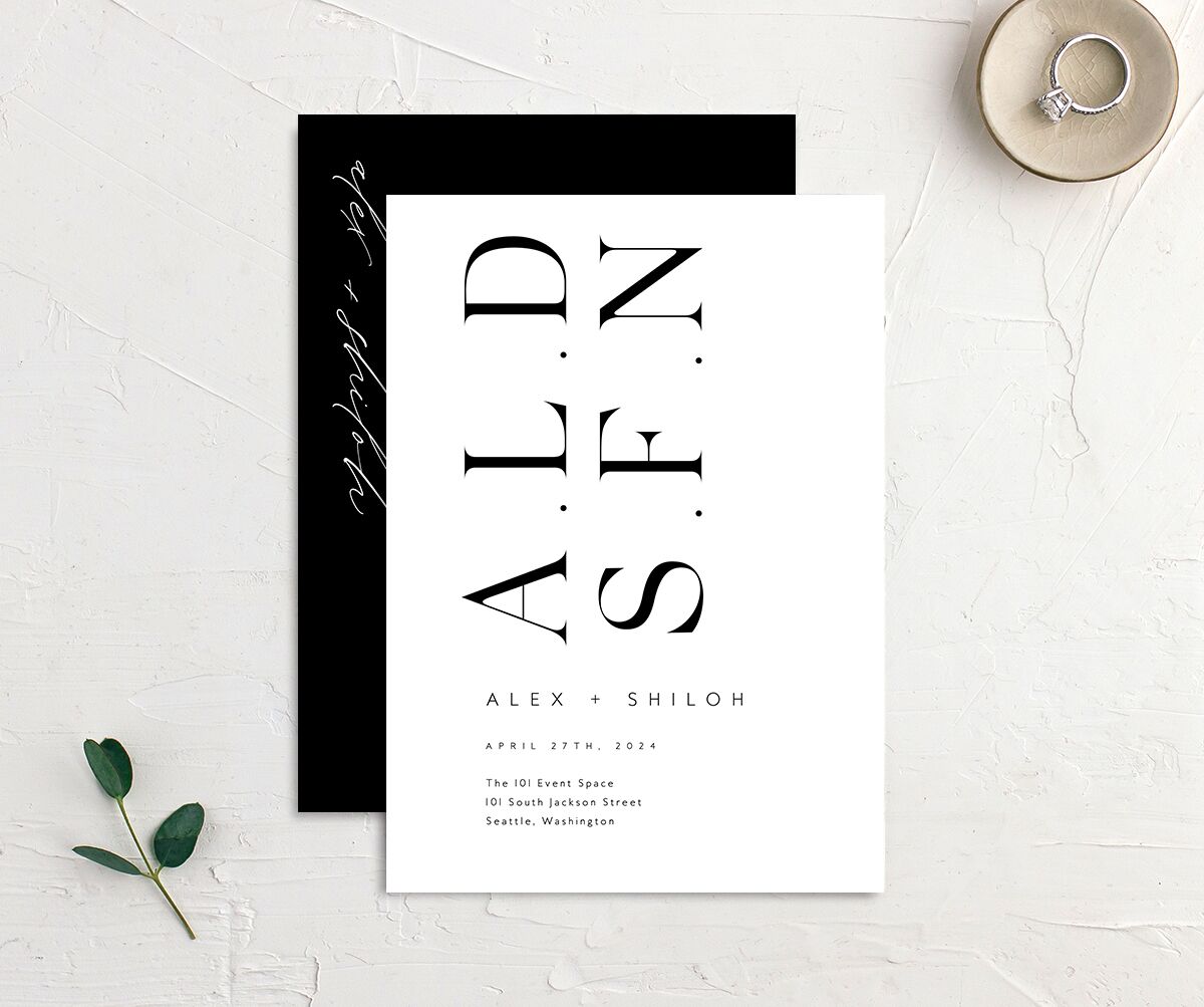 Chic Minimalism Wedding Invitations front-and-back in Midnight