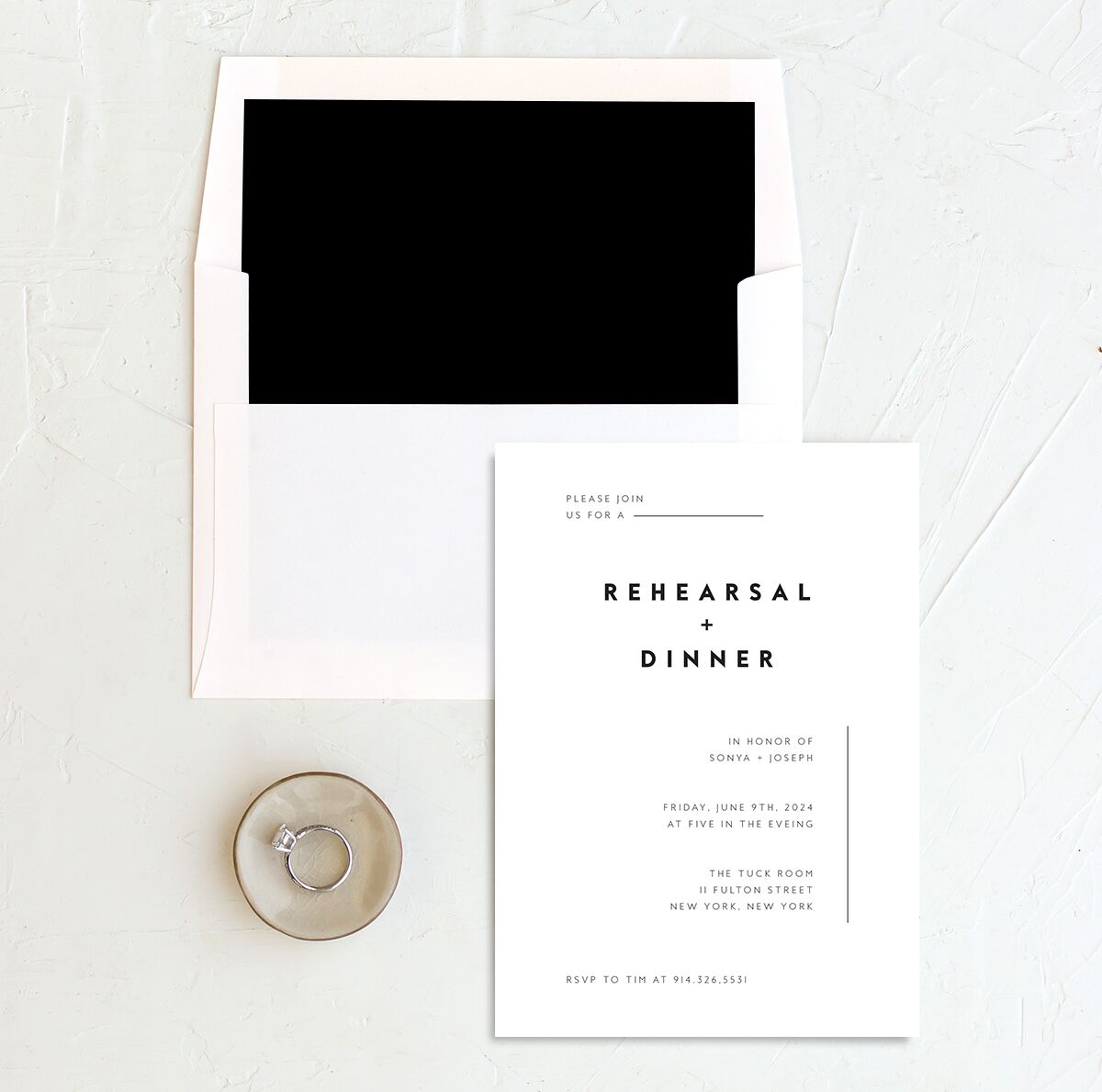 Contemporary Grace Rehearsal Dinner Invitations envelope-and-liner in Pure White
