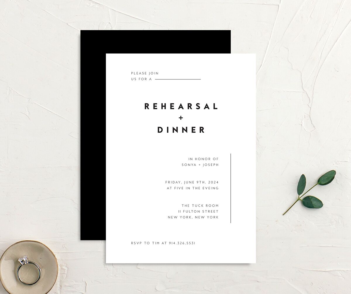 Contemporary Grace Rehearsal Dinner Invitations front-and-back in Pure White